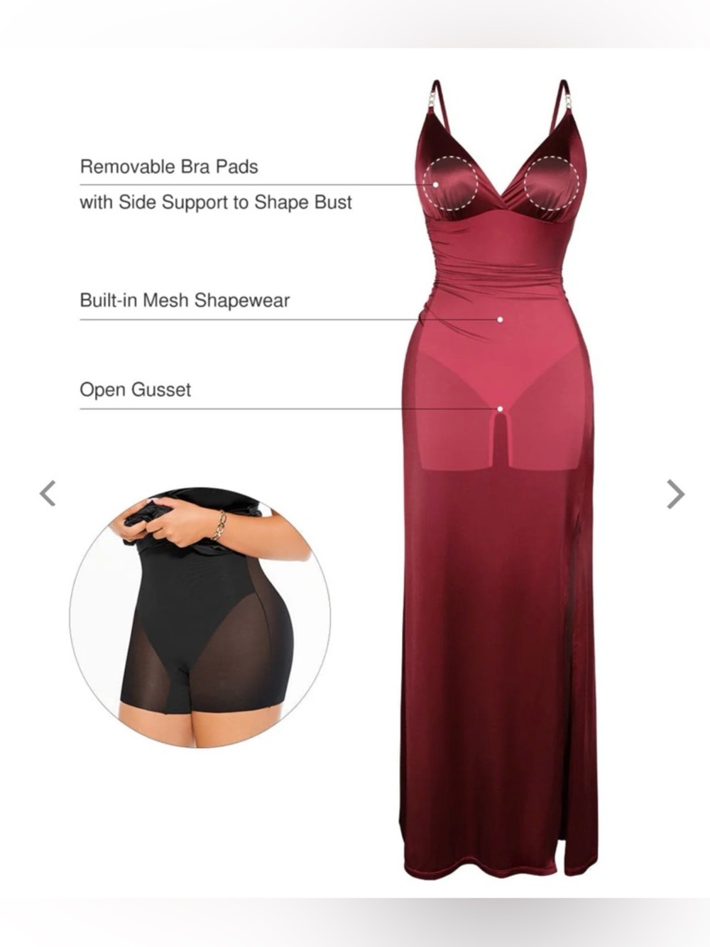 Women’s Burgundy Maxi Slip Dress with Side Slit - Picture 2 of 9
